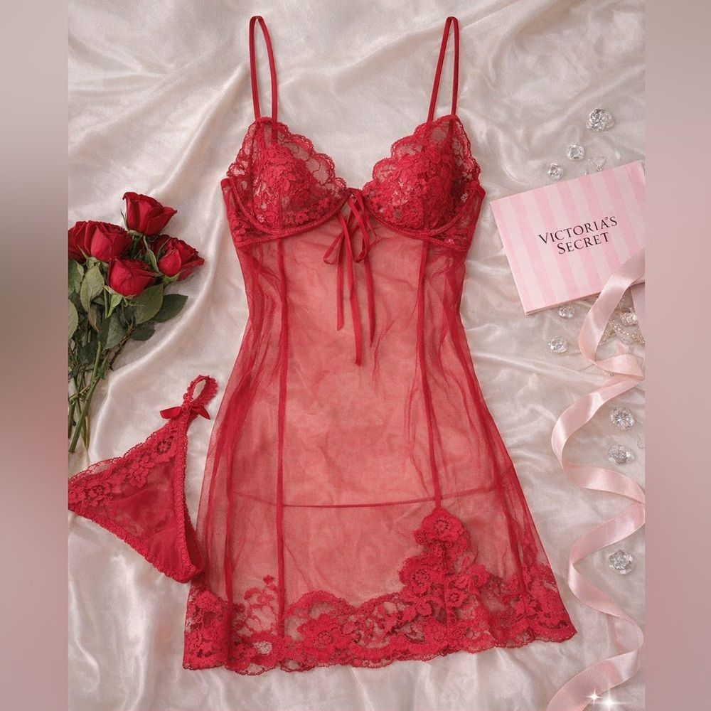 Vintage Y2k Victoria’s Secret Red Sheer Lace Chemise Panty Set Xs Nwot